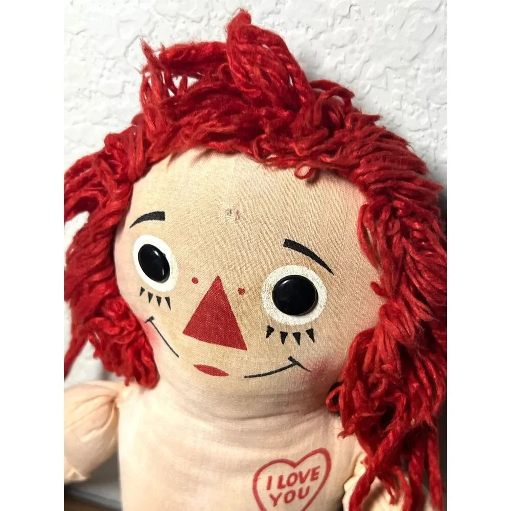 Vintage Raggedy Ann Doll Printed Face Heart Red Yarn Hair Striped Legs 1950s–70s